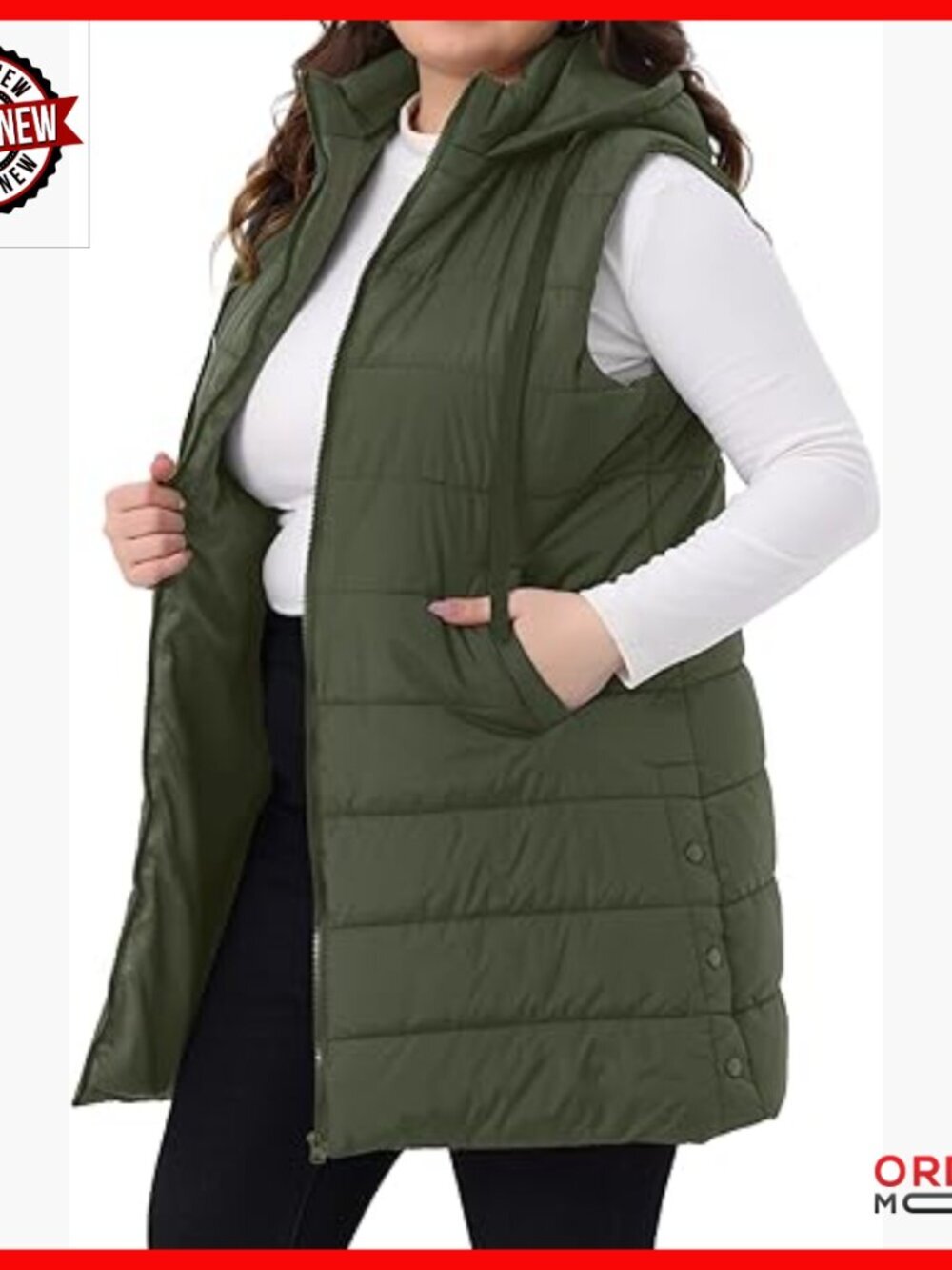 Plus Size Long Puffer Vest Hooded Sleeveless Quilted Jacket with Pockets